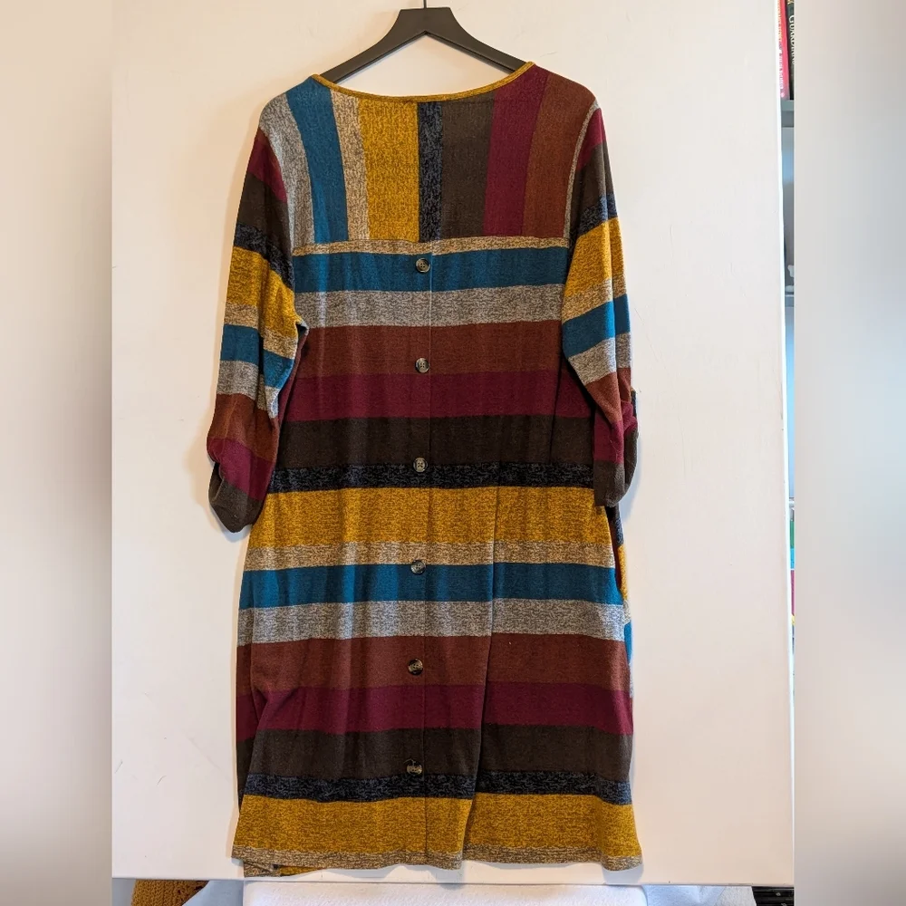 Robert Louis Multicolor Striped Long Sleeve Midi Dress XL Boho Buttons Fall - Picture 3 of 3